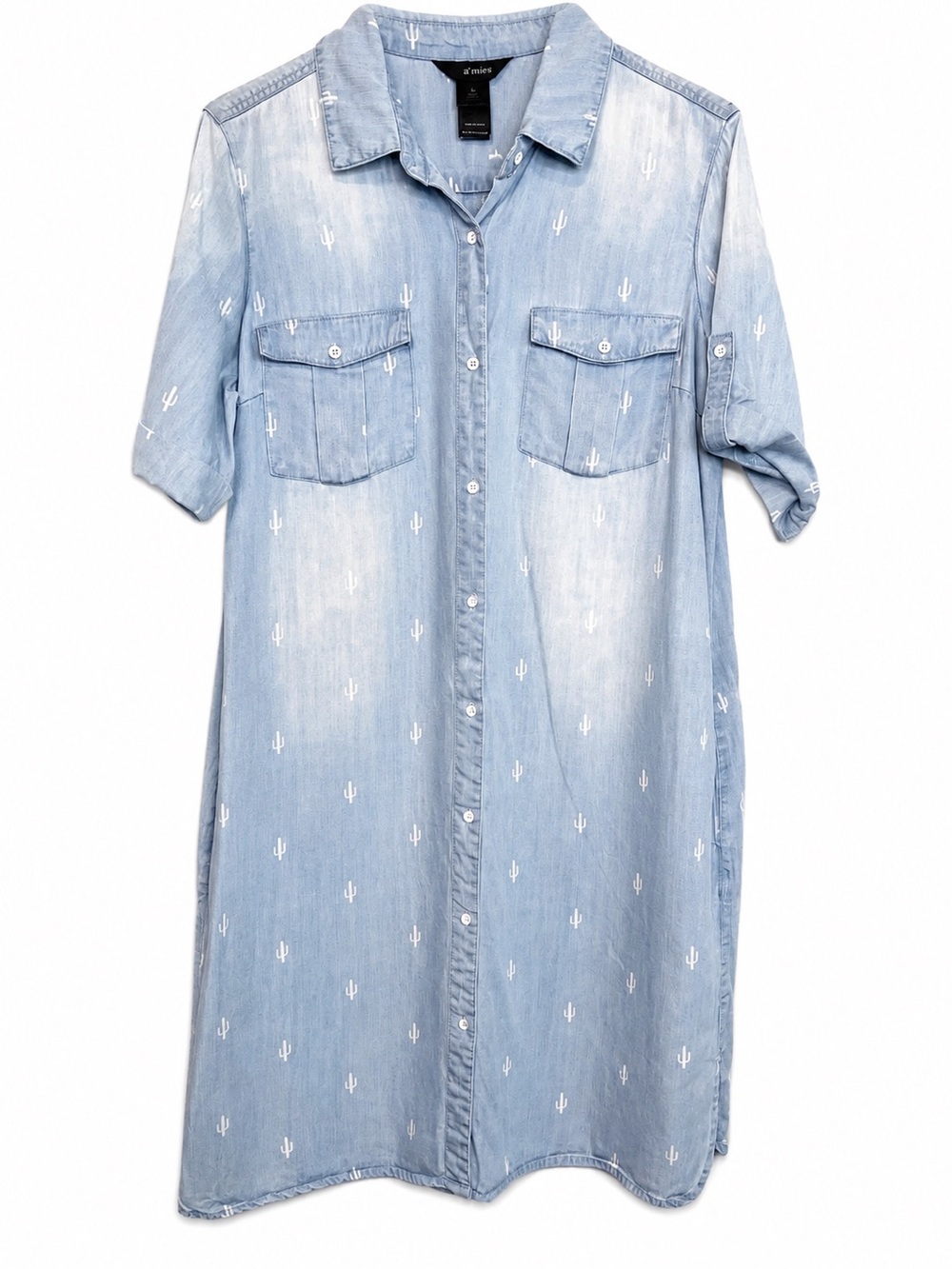 Ali Miles Light Blue Denim Shirt Midi Dress with White Cactus Print